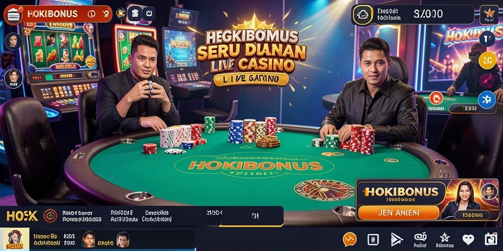 Screenshot HOKIBONUS menampilkan dealer langsung sedang memandu permainan kasino.